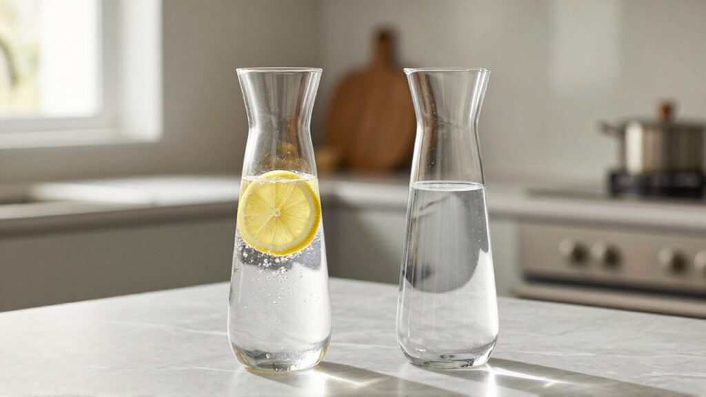 Dos jarras de cristal con agua mineral con gas y limón