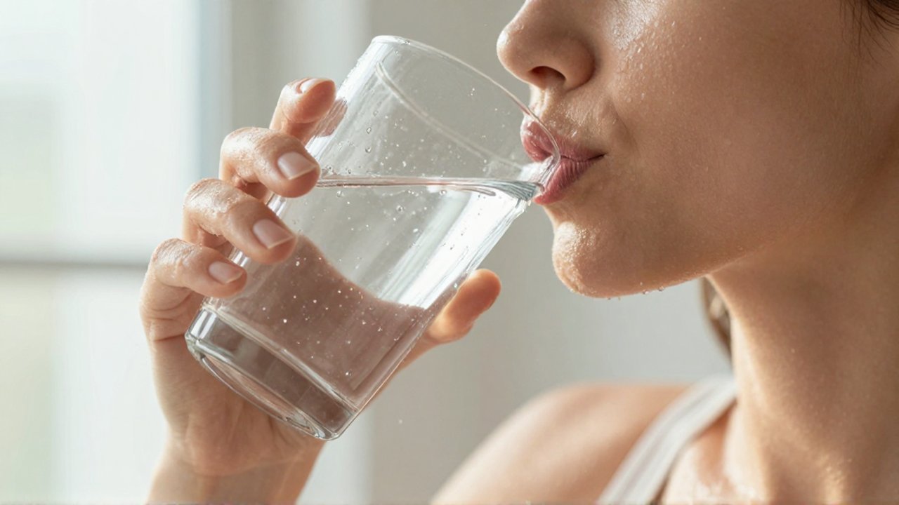 Mujer de piel luminosa bebiendo agua pura de un vaso de cristal en un estudio iluminado.