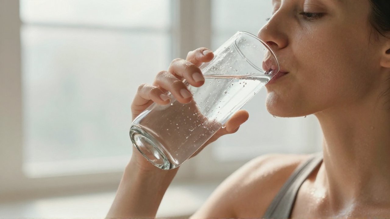 Mujer de piel radiante bebiendo agua de una botella de vidrio en un estudio iluminado.