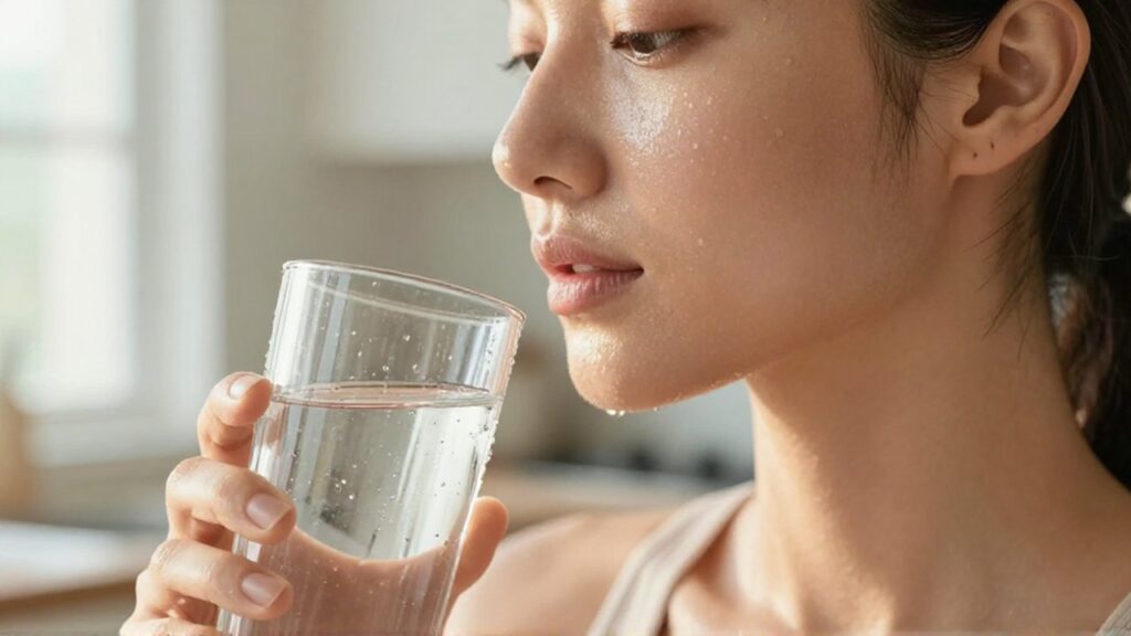Mujer con piel radiante sosteniendo un vaso de agua cristalina en una cocina luminosa.