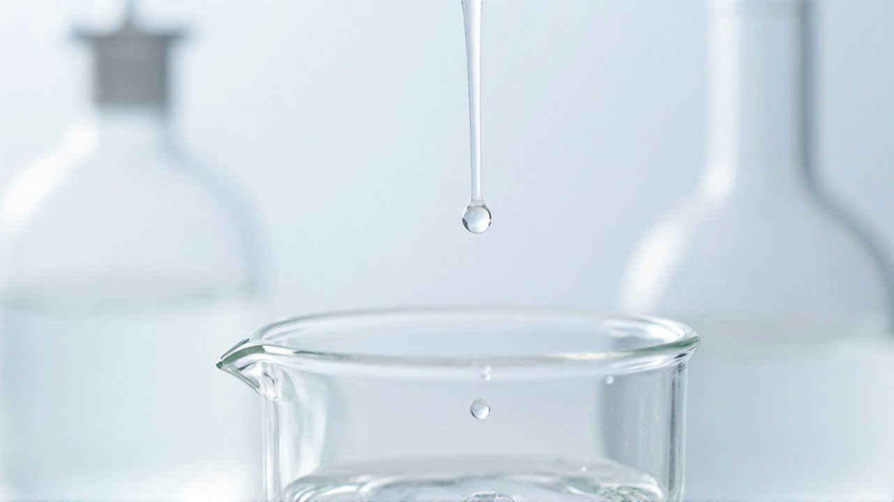Gotas de agua destilada cayendo en un recipiente de cristal con un equipo de laboratorio al fondo.