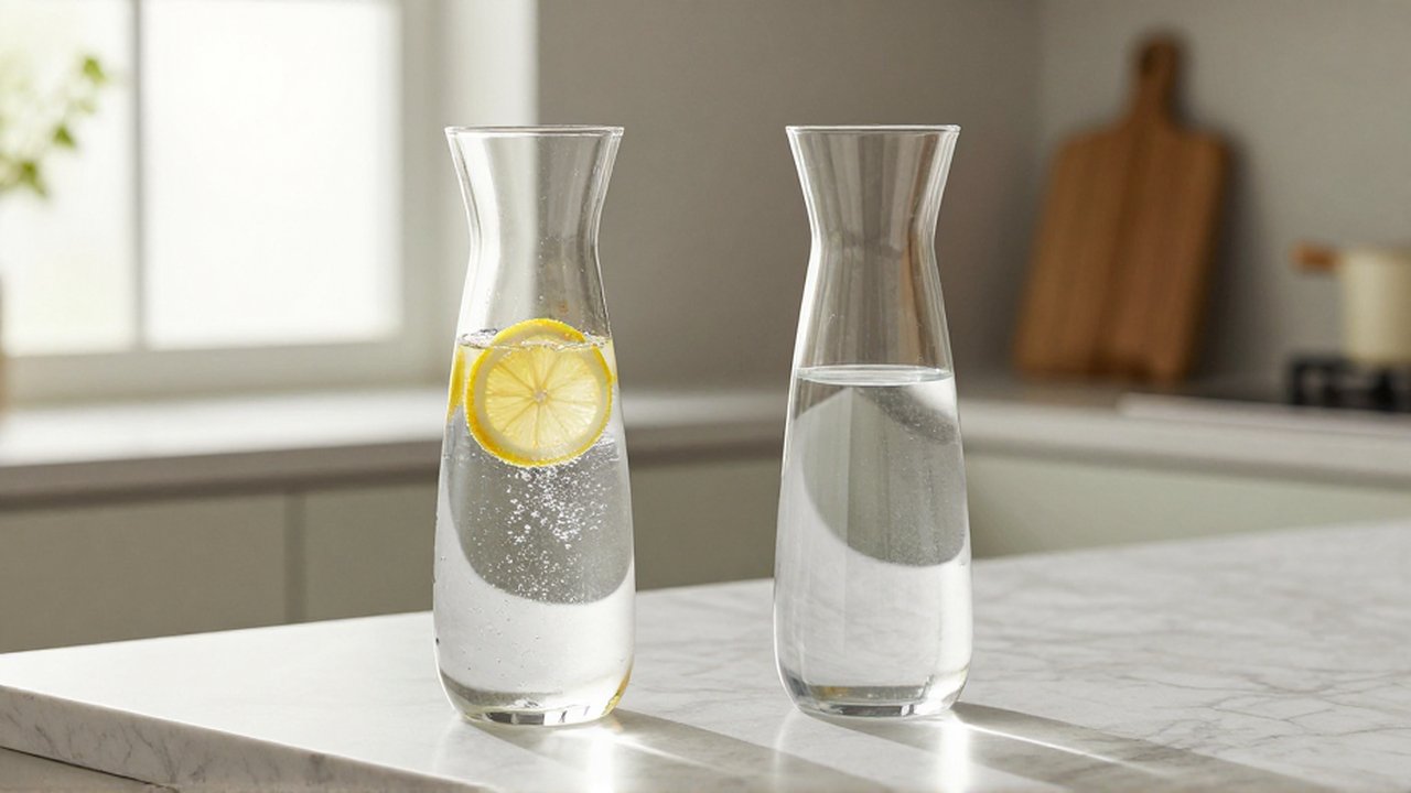 Dos jarras de cristal sobre mármol con agua mineral con limón y agua destilada.