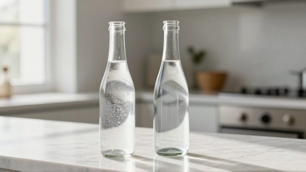 Dos elegantes botellas de vidrio con agua con gas y agua sin gas sobre una encimera de mármol.
