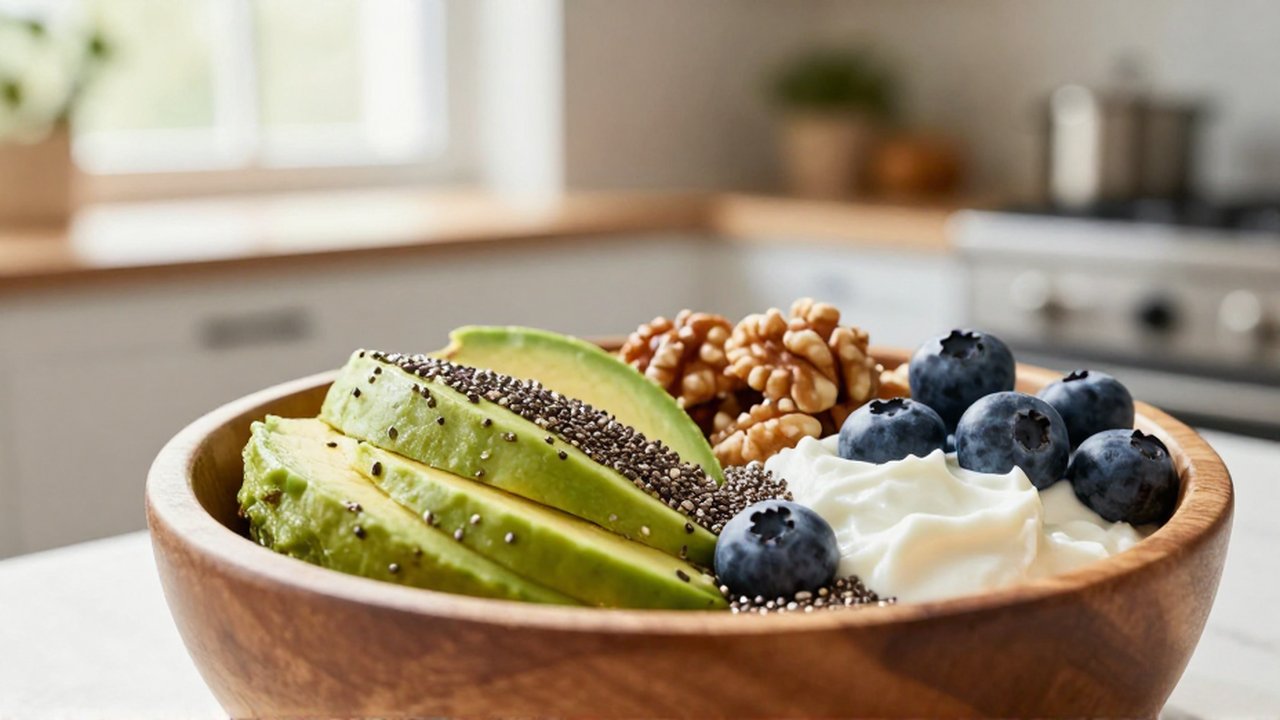 Bol de madera con aguacate, arándanos, nueces y yogur griego bajo la luz del sol.