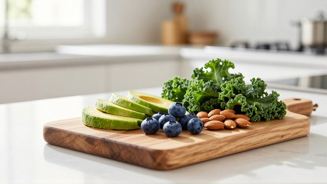 Variedad de alimentos saludables como aguacate, arándanos, almendras y kale sobre una tabla de madera.