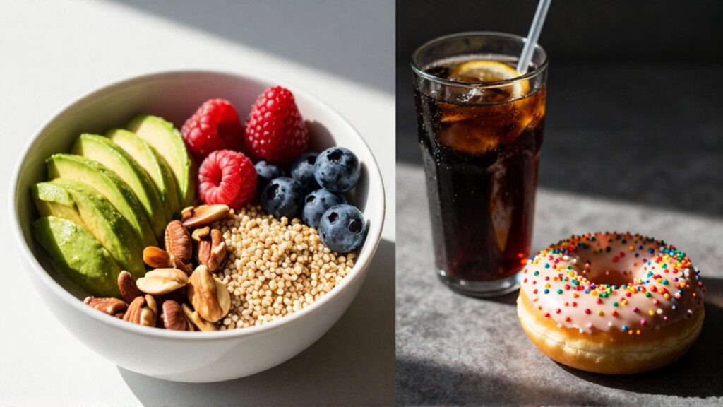 Comparación entre un cuenco de superalimentos nutritivos y una dona con refresco azucarado.