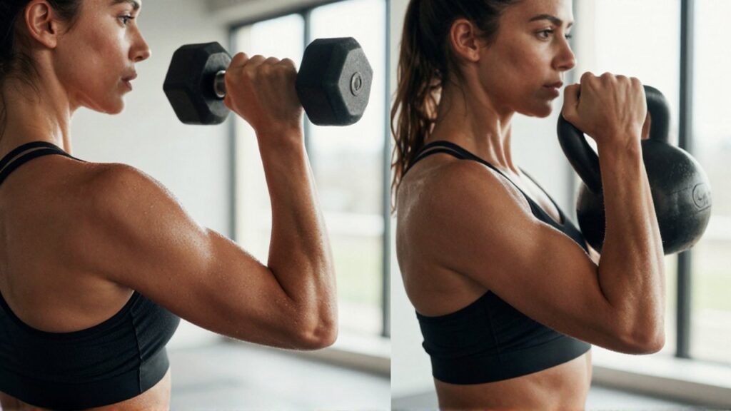 Primer plano del brazo musculoso de una mujer entrenando con una mancuerna y una pesa rusa.