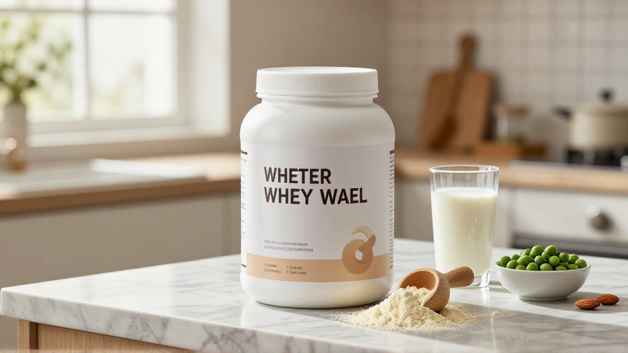 Envase de suplemento proteico sobre una encimera de mármol junto a un vaso de leche, almendras y guisantes.