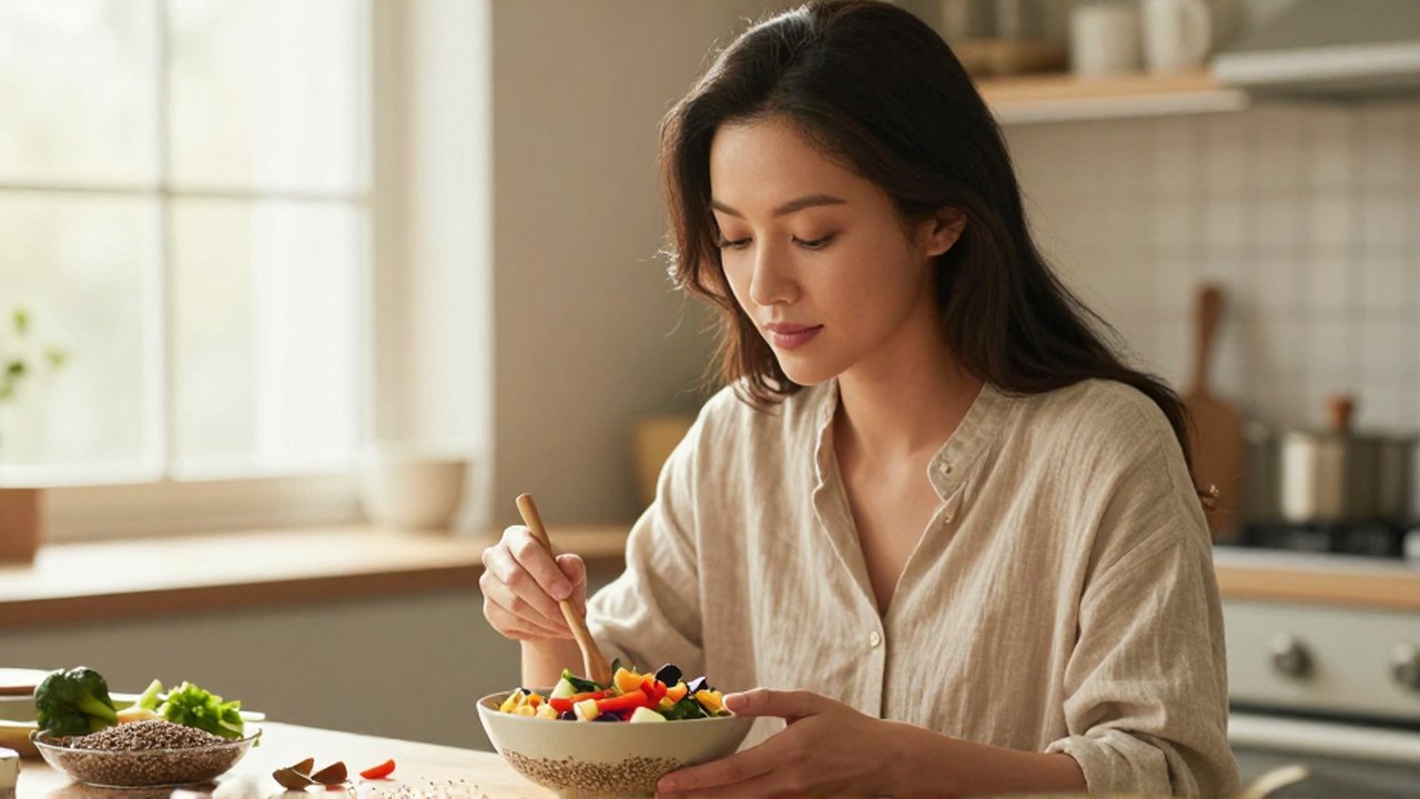 Mujer joven preparando un cuenco de vegetales frescos en una cocina iluminada por el sol.