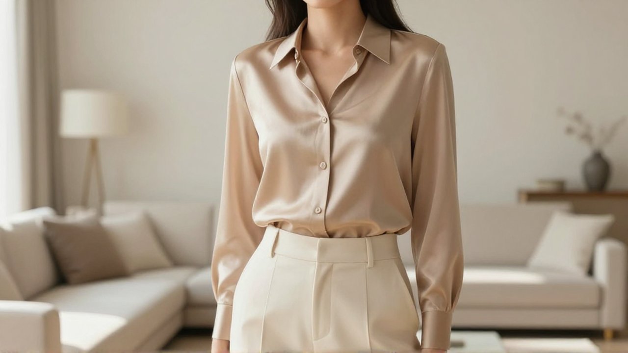 Mujer elegante con blusa de seda beige y pantalones crema en un salón minimalista iluminado.