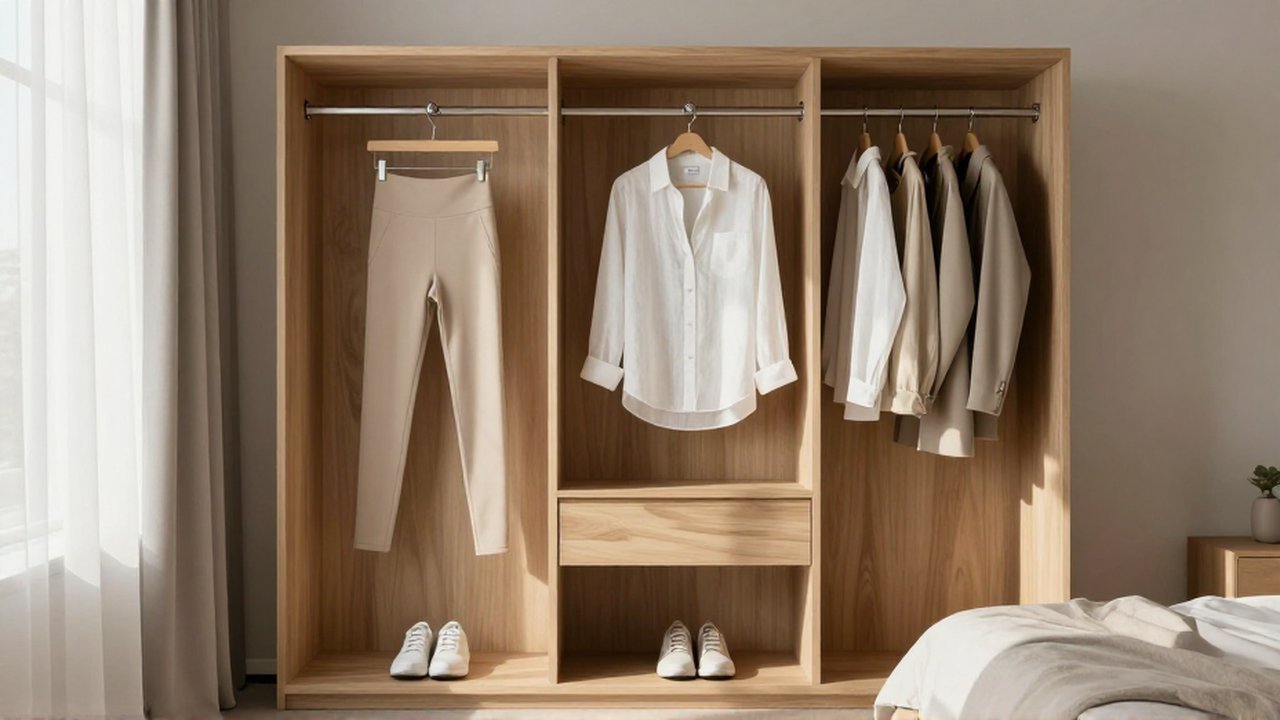 Ropa deportiva y casual de tonos neutros organizada en un armario de madera minimalista.