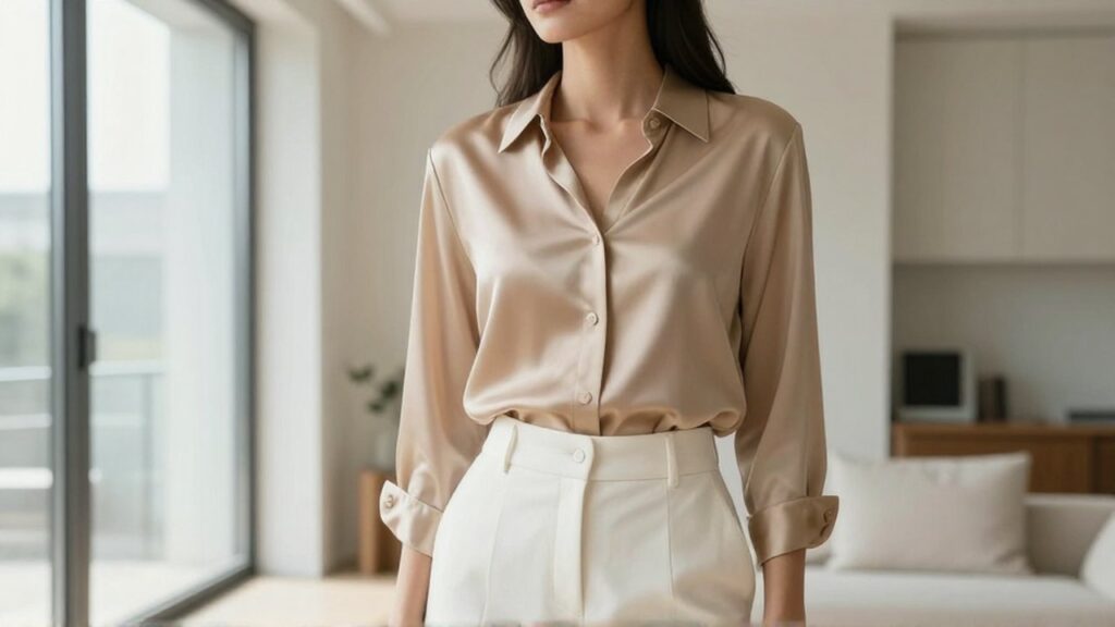 Mujer elegante con blusa de seda beige y pantalones blancos en un apartamento luminoso.