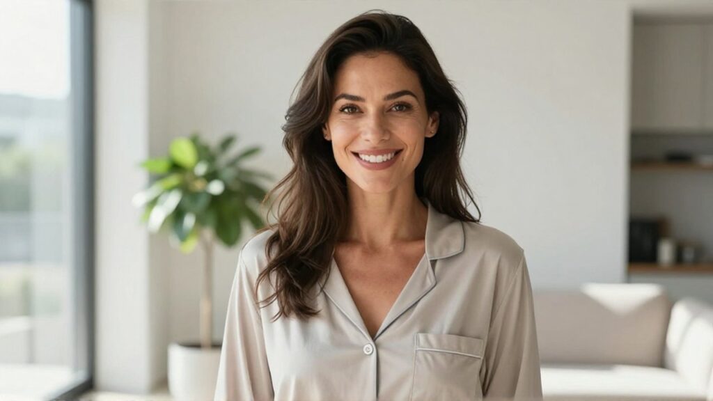 Mujer sonriente con ropa cómoda en un salón moderno y luminoso.