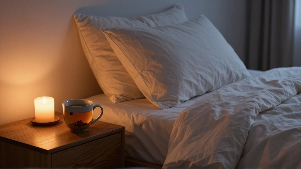 Cama acogedora con sábanas de lino, una taza de té caliente y una vela encendida.