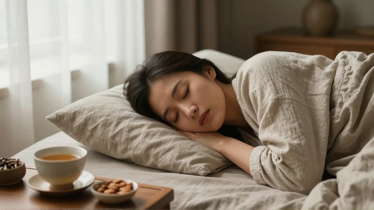 Mujer durmiendo plácidamente en una cama con ropa de cama de lino y una taza de té.