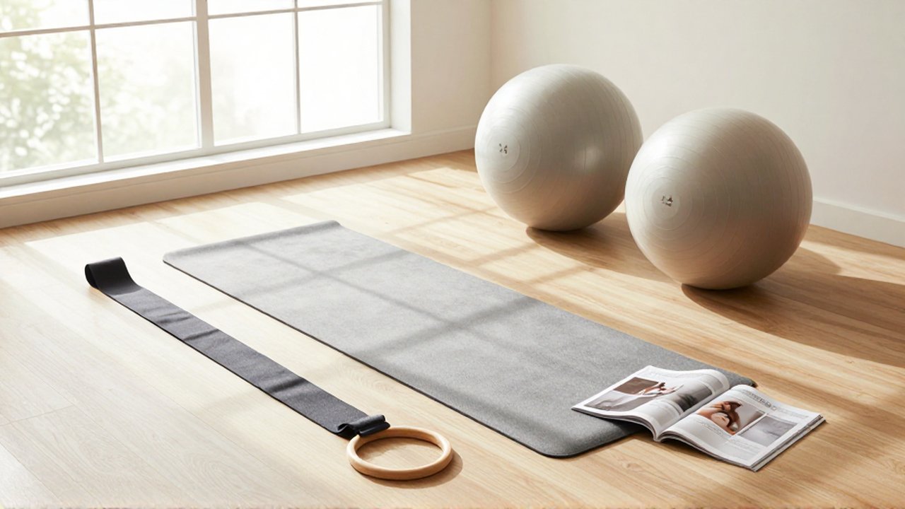 Equipo de pilates y accesorios de ejercicio dispuestos sobre un suelo de madera en un estudio luminoso.
