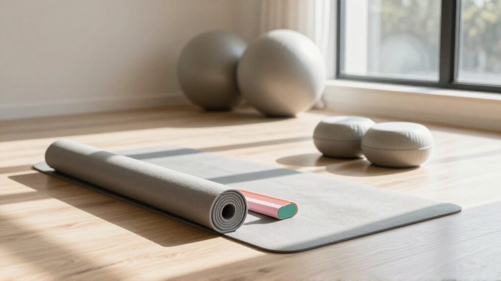 Mat de yoga ecológico con bandas de resistencia y pelotas de pilates en un estudio luminoso.