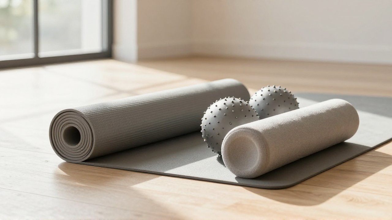 Equipo de pilates con esterilla, pelotas de agarre y rodillo de espuma sobre un suelo de madera.