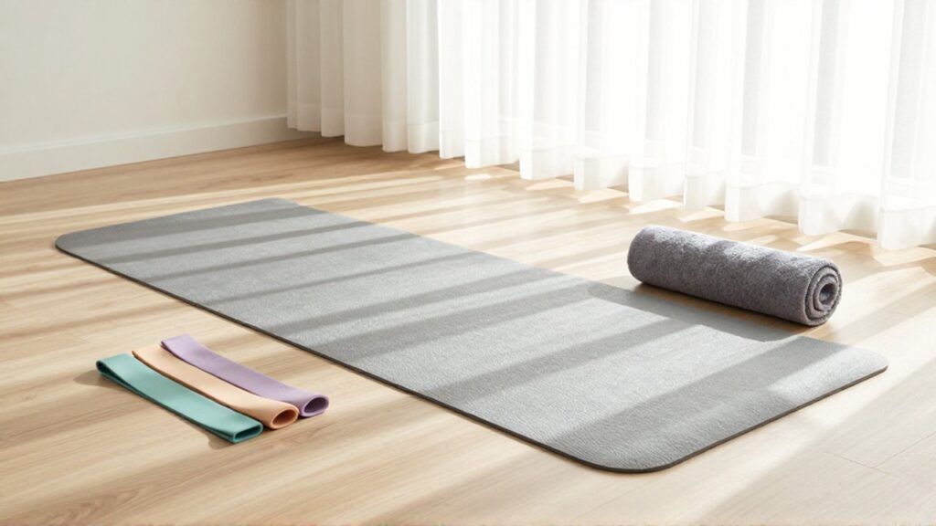 Mat de yoga sobre suelo de madera junto a bandas elásticas en un estudio iluminado por el sol.
