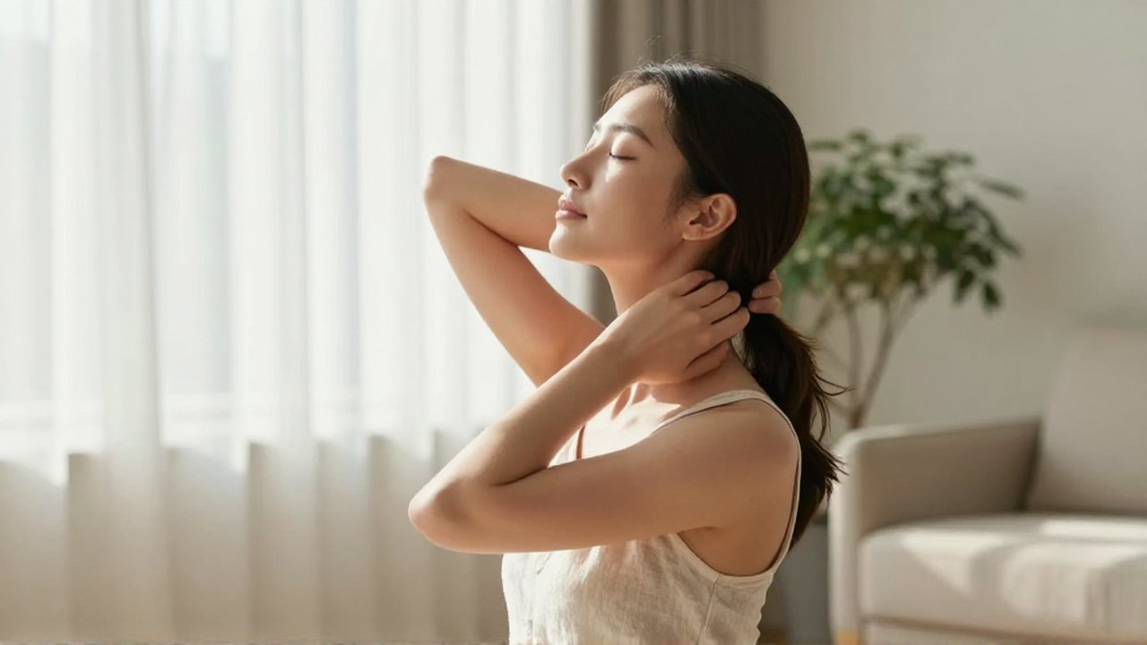 Mujer joven con expresión serena realiza estiramientos de cuello en una sala luminosa y minimalista.