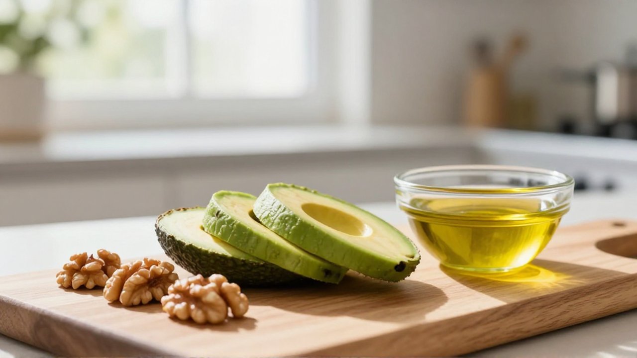 Rodajas de aguacate fresco, nueces y un cuenco de aceite de oliva sobre una tabla de madera.