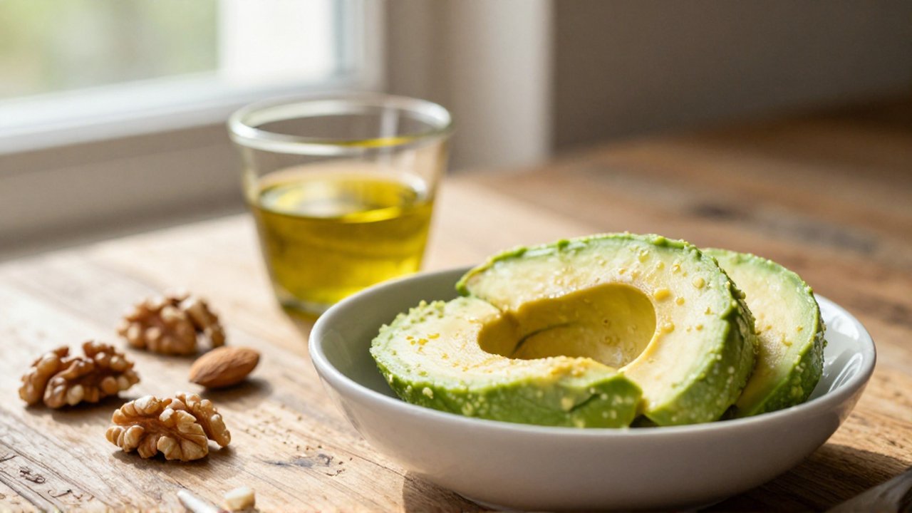 Desayuno mediterráneo con rodajas de aguacate, frutos secos y aceite de oliva sobre madera.