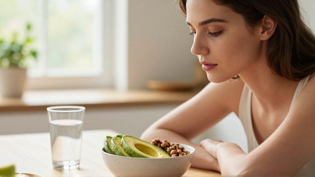 Mujer con expresión serena desayunando aguacate y nueces en una cocina luminosa.