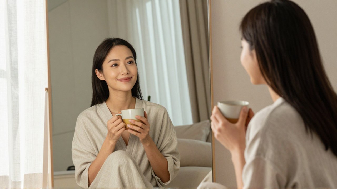 Mujer sonriente sentada en una sala iluminada sosteniendo una taza de té frente a un espejo.