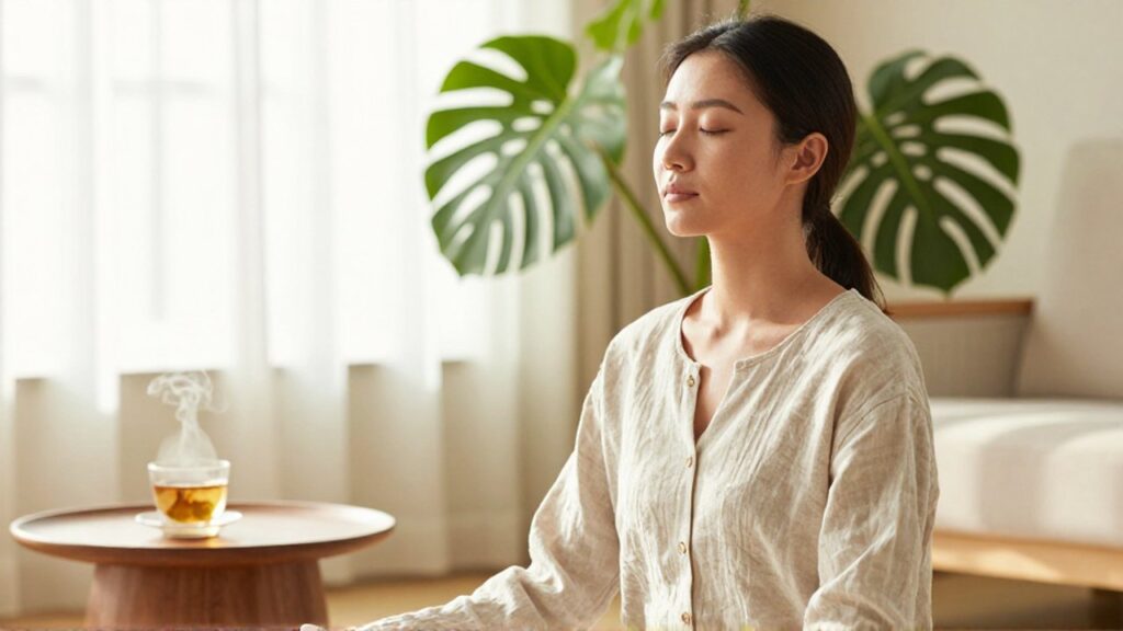Mujer de ojos cerrados practicando respiración consciente en una sala iluminada por el sol.