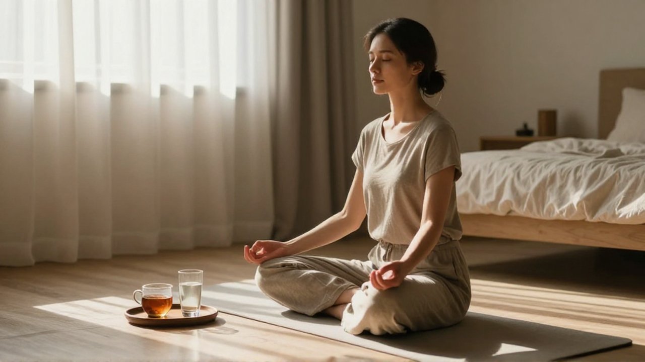 Mujer sentada en posición de loto meditando en un dormitorio luminoso y minimalista.