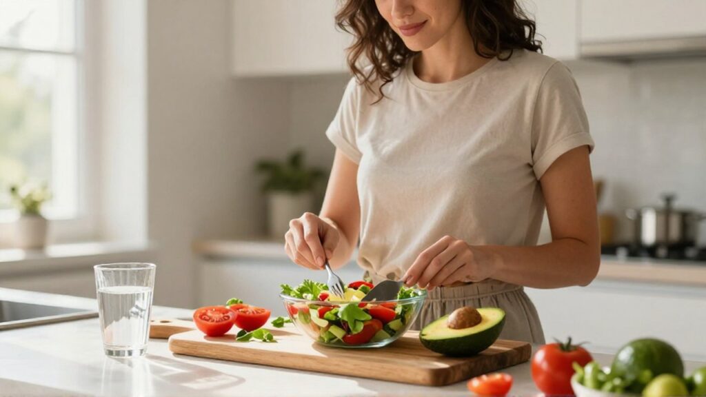 Mujer preparando una ensalada mediterránea con vegetales frescos en una cocina luminosa.