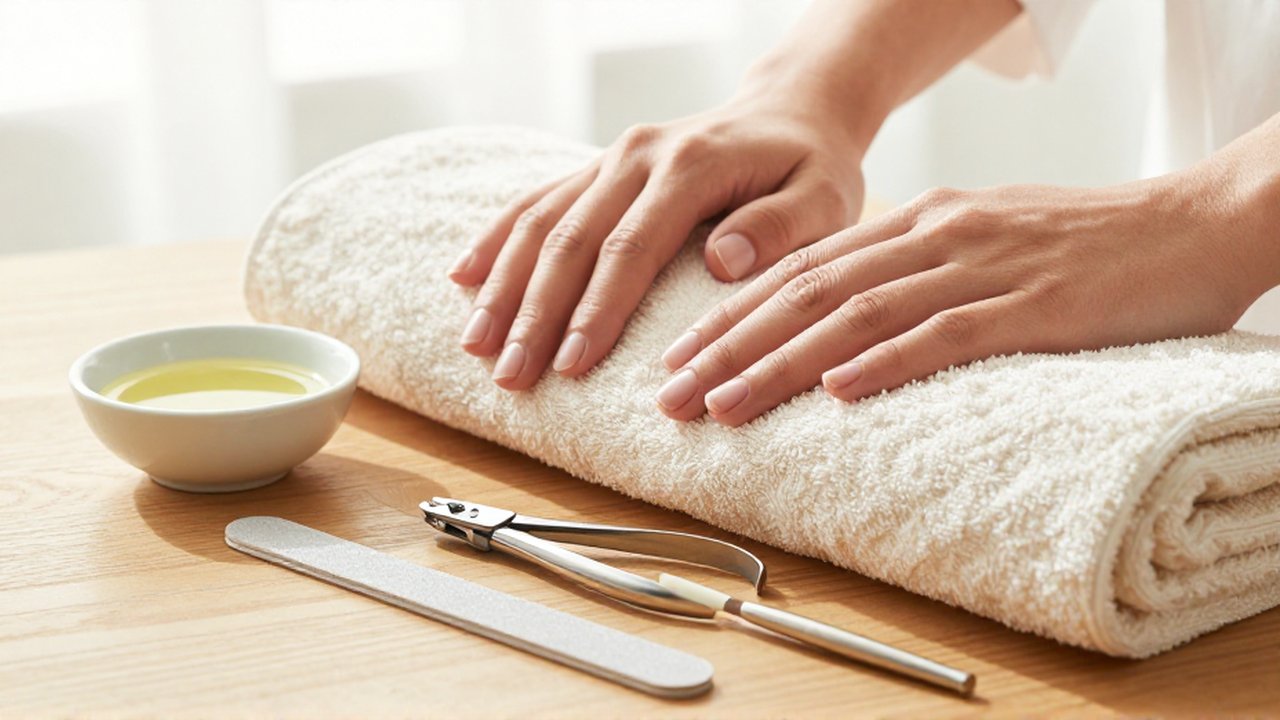 Manos elegantes junto a herramientas de manicura profesional y aceite de cutículas sobre lino.