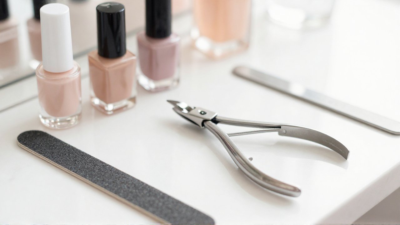 Herramientas de manicura y esmaltes profesionales dispuestos sobre una superficie de mármol blanco.
