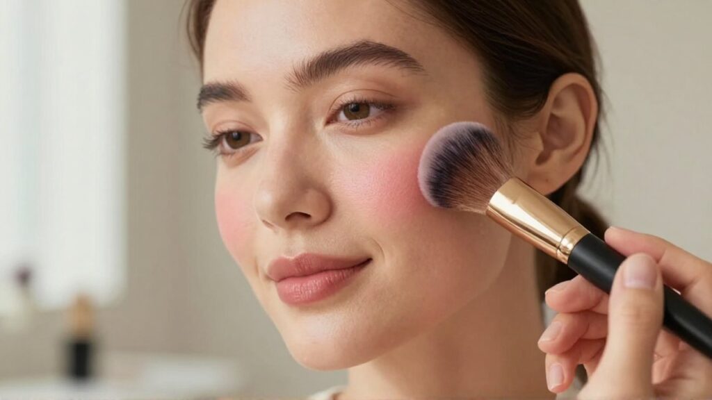 Primer plano de una mujer aplicándose rubor en las mejillas con una brocha de maquillaje.