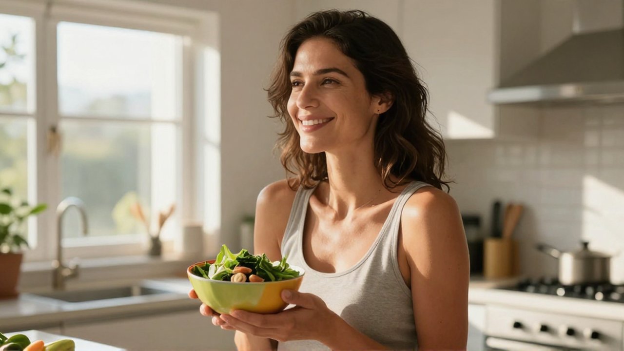 Mujer sonriente sosteniendo un cuenco de ensalada fresca en una cocina iluminada por el sol.