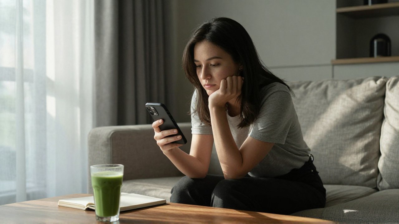 Mujer joven con expresión contemplativa sosteniendo un smartphone mientras descansa en un sofá iluminado por el sol.
