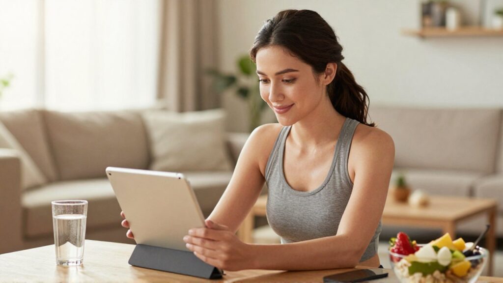 Mujer sonriente con ropa deportiva consulta una tableta digital durante un desayuno saludable en una sala luminosa.