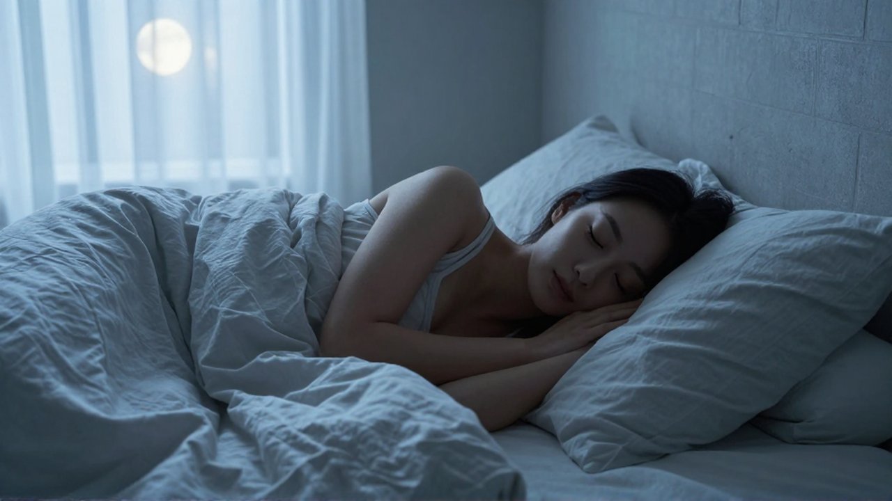 Mujer durmiendo plácidamente en una cama de lino bajo la suave luz de la luna.