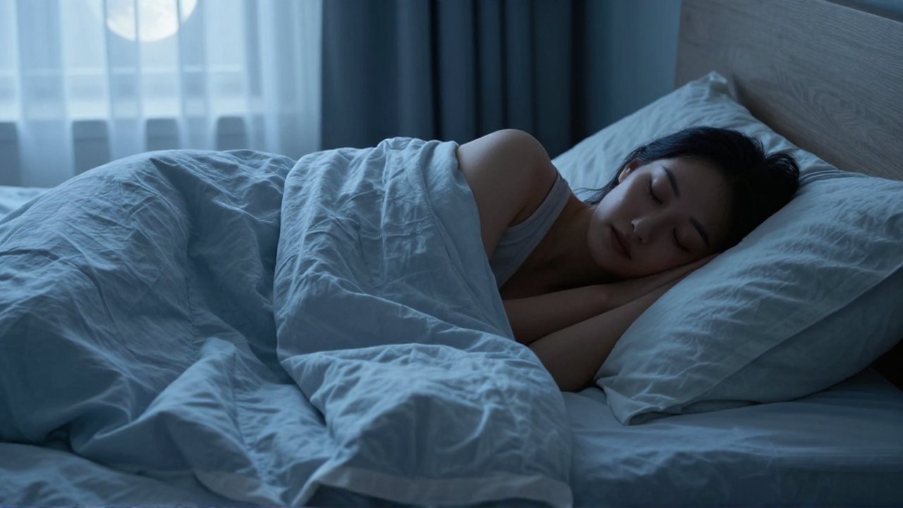 Mujer durmiendo plácidamente en una cama con ropa de cama de lino azul y blanco.