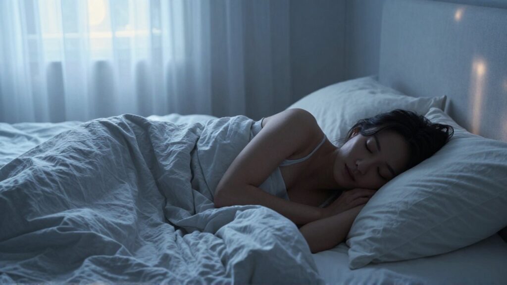 Mujer durmiendo profundamente en una cama de lino bajo la suave luz de la luna.