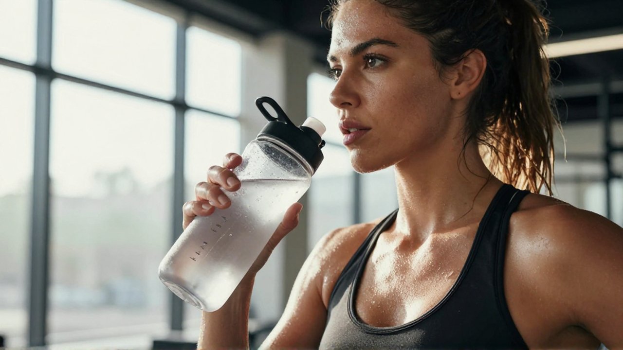 Mujer atlética con expresión intensa sostiene una botella de agua durante su entrenamiento en un gimnasio.
