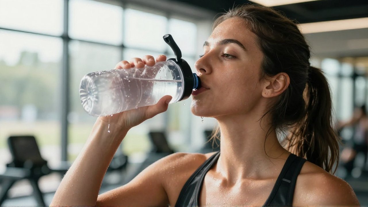 Mujer atlética bebiendo agua de una botella transparente en un gimnasio soleado.