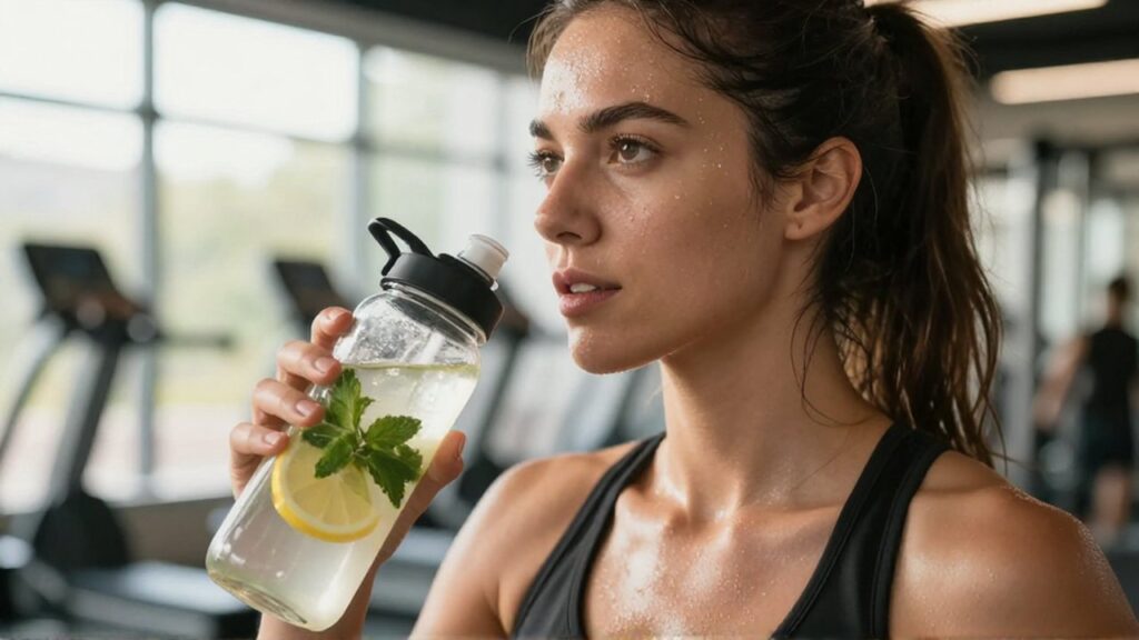 Mujer deportista con expresión concentrada sostiene una botella de agua con limón y menta en un gimnasio iluminado.