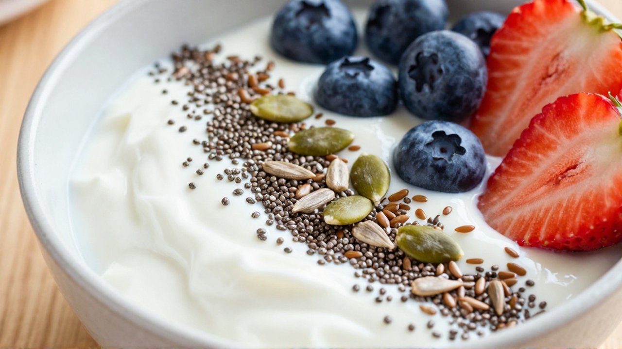 Bol de yogur griego con semillas, arándanos y fresas sobre una mesa de madera.