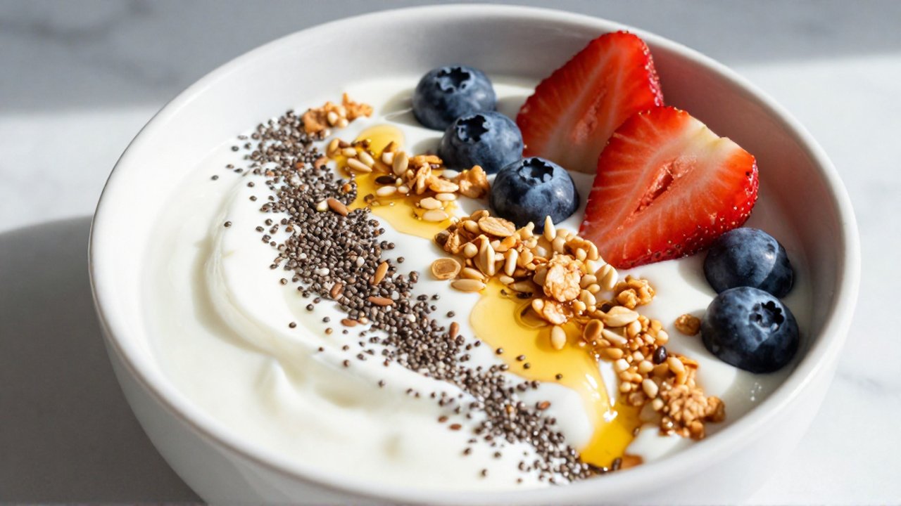 Bowl de yogur griego con fresas, arándanos, semillas y miel sobre una encimera de mármol.