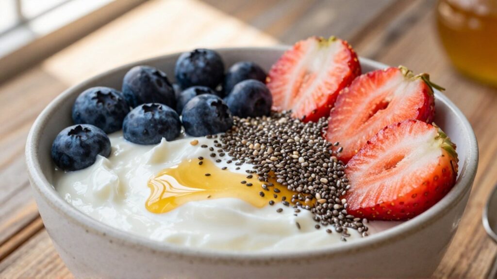 Bol de yogur griego con fresas