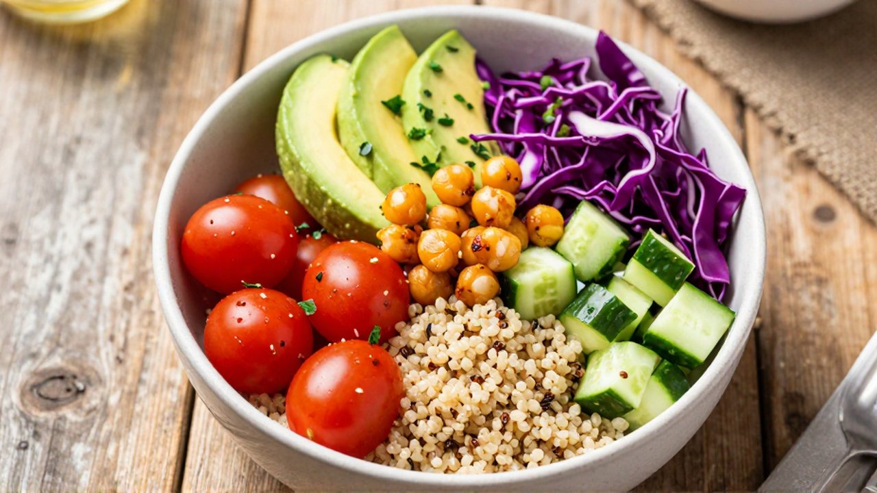 Bol de ensalada de quinoa con aguacate, tomates cherry, repollo morado y garbanzos sobre madera.