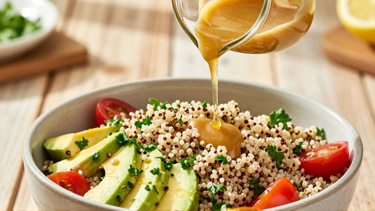 Una jarra vierte aderezo de limón y tahini sobre una ensalada de quinoa con aguacate y tomate.