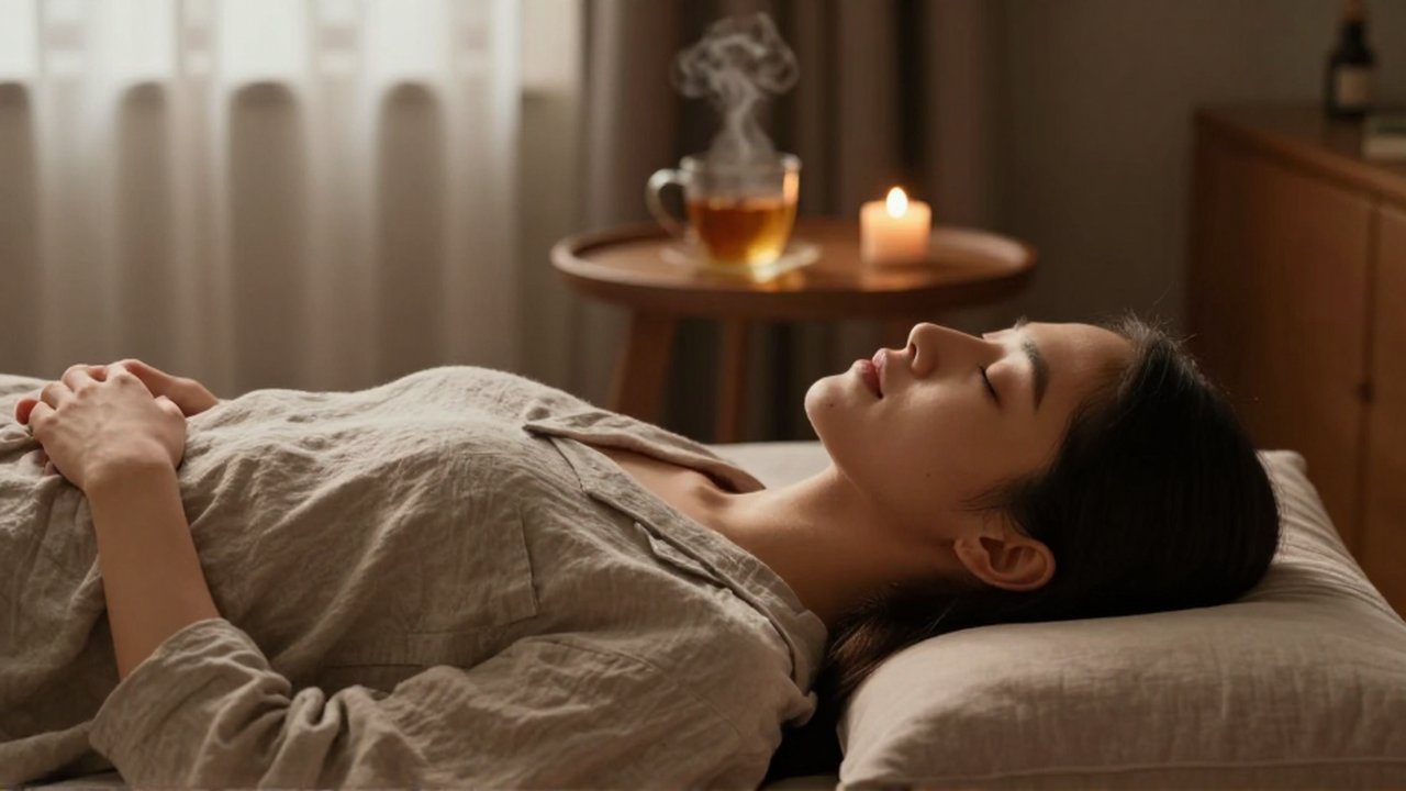 Mujer joven con expresión serena practicando meditación mientras descansa en una cama acogedora.