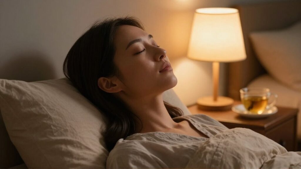 Mujer con expresión serena practicando respiración profunda en una cama acogedora con luz tenue.